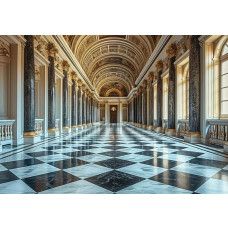 Fototapete eines luxuriösen goldenen Saals mit 3D-Gebäuden in einer stilvollen Umgebung.