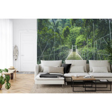 Eine Fototapete, die eine Hängebrücke in einem Regenwald zeigt, angezeigt in einem Wohnzimmer.