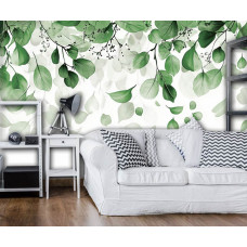 Fotobehang van hangende bladeren in een minimalistisch ontwerp aan de muur van een moderne woonkamer.