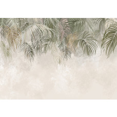 Fotobehang met hangende palmbladeren in groene, beige en bruine tinten
