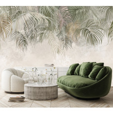 Fotobehang met hangende palmbladeren in groene, beige en bruine tinten