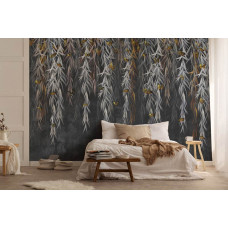 Eine Fototapete mit hängenden Pflanzen und Schmetterlingen inmitten von Blättern, speziell für ein Schlafzimmer entworfen.