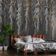 Eine Fototapete mit hängenden Pflanzen und bunten Schmetterlingen in einer tropischen Umgebung, perfekt für ein Wohn- oder Schlafzimmer.