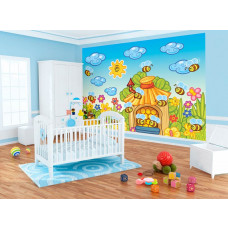 Eine Fototapete mit verspielten Bienen, perfekt für ein Babyzimmer oder eine Schulumgebung.