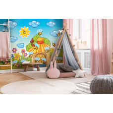 Eine Fototapete mit bunten Bienen, geeignet für ein Babyzimmer und eine Schulumgebung.