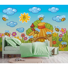 Eine Fototapete mit fröhlichen Bienen in einem verspielten Muster, ideal für ein Kinderzimmer.