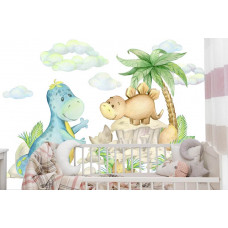Eine Fototapete mit fröhlichen Dinosauriern in einem Babyzimmer.