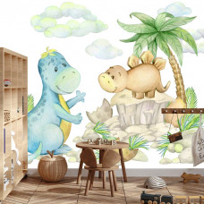 Eine Fototapete mit fröhlichen Dinosauriern, gezeigt in einem Jungenzimmer.