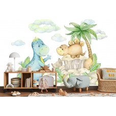 Eine Fototapete mit verspielten Dinosauriern, gezeigt in einem Kinderzimmer.