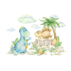 Fröhliche Dinosaurier, die sich durch den Regenwald bewegen, auf einer Fototapete für Kinder.