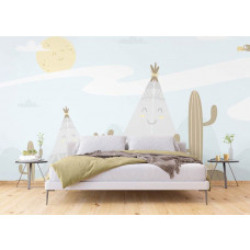 Ein Fototapet von einem Happy Village mit einem Wigwam in einem Kinderzimmer.