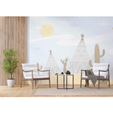 Ein Fototapet von einem Happy Village mit einem Wigwam in einem Kinderzimmer mit Airtex.