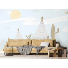 Ein Fototapet von einem Happy Village mit einem Wigwam in einem Wohnzimmer.