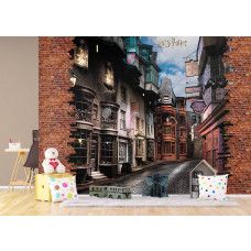 Ein Fototapete mit Harry Potter Wegisweg - Diagon Alley im Kinderzimmer, bei dem die warme Beleuchtung und charmante Läden eine märchenhafte und magische Atmosphäre schaffen.