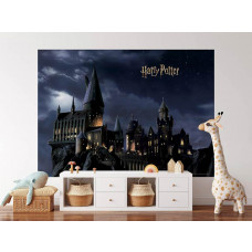 Ein Fototapete mit Harry Potters Hogwarts in der Nacht im Kinderzimmer, bei dem die erleuchteten Türme der Zauberschule ein magisches Zentrum für jeden jungen Zaubererfan bilden.