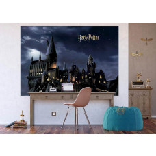 Ein Fototapete mit Harry Potters Hogwarts in der Nacht im Kinderzimmer, bei dem die verzaubernden Lichter und der dunkle Himmel eine fantasievolle und abenteuerliche Atmosphäre schaffen.
