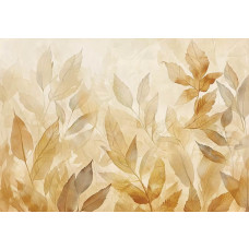 Fotobehang met herfstbladeren in aquarelstijl in warme tinten zoals oranje, rood en geel op een lichte achtergrond.