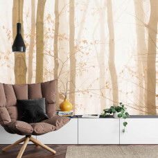 Eine Fototapete mit einer ruhigen Waldumgebung im Herbstnebel, geeignet für ein Wohnzimmer.