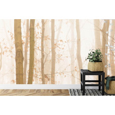 Eine Fototapete mit einer mystischen Darstellung eines Herbstwaldes im Nebel, geeignet für eine Küche.