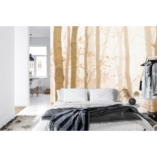 Eine Fototapete mit einer beruhigenden Herbstlandschaft mit nebligen Bäumen, perfekt für ein Schlafzimmer.