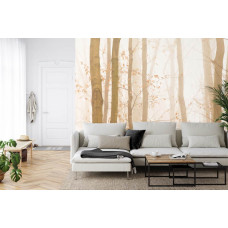 Eine Fototapete mit einer warmen Herbstlandschaft voller Bäume im Nebel, ideal für ein Wohnzimmer.