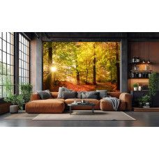 Fototapete Herbstwald mit Sonnenstrahlen in einem Wohnzimmer mit orange- und gelbfarbenen Herbsttönen am Boden.