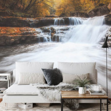 Ein stimmungsvolles Fototapete von einem herbstlichen Wasserfall, umgeben von Wald und natürlichen Tönen, perfekt für ein Esszimmer.