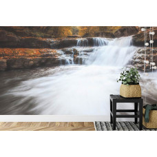 Ein inspirierendes Fototapete von einem Herbstwald mit einem friedlichen Wasserfall, ideal für eine Küche.