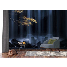 Ein Fototapet von einem Herbstzweig bei einem Wasserfall mit Felsen und goldenen Tönen in einem Büro.