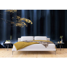 Ein Fototapet von einem Herbstzweig bei einem Wasserfall mit Felsen und goldenen Tönen in einem Schlafzimmer.