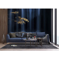 Ein Fototapet von einem Herbstzweig bei einem Wasserfall mit Felsen und goldenen Tönen.