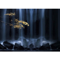 Ein Fototapet von einem Herbstzweig bei einem Wasserfall mit Felsen und goldenen Tönen.