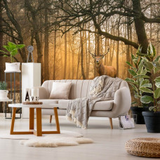 Fototapete von einem Hirsch am Waldrand mit einem Hirsch in einem idyllischen Wald und einem ruhigen See im Vordergrund, im Wohnzimmer gezeigt.