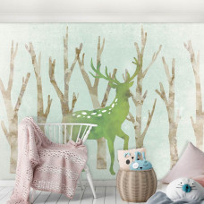 Fototapete eines Rehs im Wald mit Bäumen für Kinderzimmer und Mädchenzimmer.
