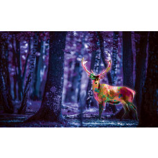 Fluoreszierendes Reh in einem Wald auf Fototapete, in lila.