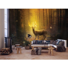 Fototapete eines Rehs in einem Märchenwald mit der brennenden Sonne im Wohnzimmer gesehen.