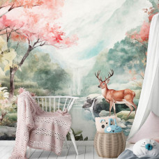 Eine Fototapete mit einem Hirsch in der Wildnis mit Waldtieren im Babyzimmer, die eine ruhige und natürliche Umgebung schafft.