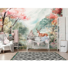 Eine Fototapete mit einem Hirsch in der Wildnis, ideal für ein Kinderzimmer, das die Natur näherbringt.