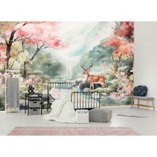 Eine Fototapete mit einem Hirsch in der Wildnis mit Waldtieren, perfekt für ein Kinderzimmer, das die Ruhe der Natur widerspiegelt.