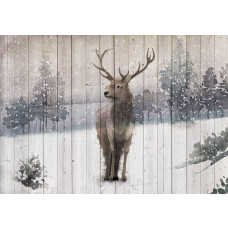 Fototapete mit einem Hirsch in einem Winterwald mit Rentieren und Naturdetails.