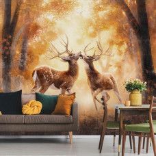 Eine Fototapete mit Hirschen in einer Waldumgebung, perfekt für ein Esszimmer.