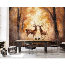 Eine Fototapete mit Hirschen in einer Waldumgebung, geeignet für ein Büro.