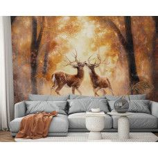 Eine Fototapete mit Hirschen in einer Waldumgebung, geeignet für ein Schlafzimmer und Wohnzimmer.