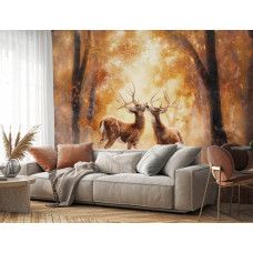 Eine Fototapete mit Hirschen in einem Wald, geeignet für ein Wohnzimmer.