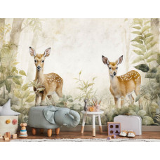 Eine Fototapete mit Rehen im Wald und Waldtieren, die das Kinderzimmer in einen ruhigen, naturinspirierten Raum verwandelt.