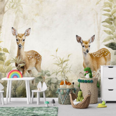 Eine Fototapete mit Rehen im Wald und Waldtieren, ideal für ein Spielzimmer, das die Natur zum Leben erweckt.