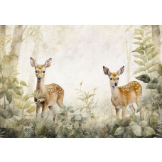Fototapete mit Rehen in einer waldreichen Umgebung mit verspielten Waldtieren.