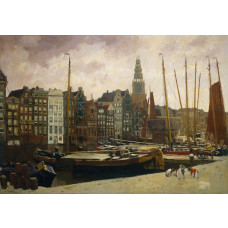 Fototapete mit einem historischen Stadtbild vom Damrak in Amsterdam, mit ikonischen Häusern, dem Oudekerksturm und einer stimmungsvollen Darstellung des Binnenhafens.