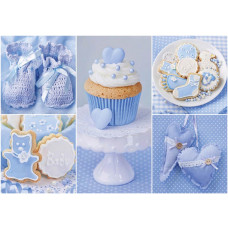 Fototapete mit dem Text 'It's a boy,' in einem babyblauen Cupcake-Stil für Jungen.