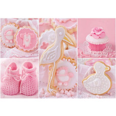 Fototapete mit dem Text 'It's a girl', rosa Babyzimmergestaltung im Cupcake-Stil.